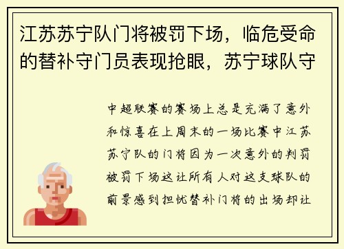 江苏苏宁队门将被罚下场，临危受命的替补守门员表现抢眼，苏宁球队守门员