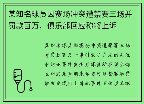某知名球员因赛场冲突遭禁赛三场并罚款百万，俱乐部回应称将上诉