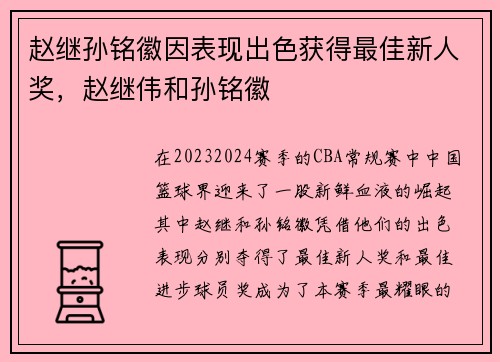 赵继孙铭徽因表现出色获得最佳新人奖，赵继伟和孙铭徽